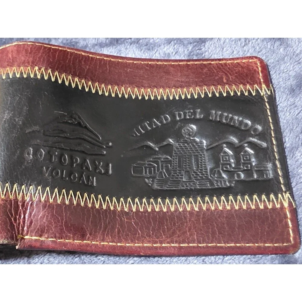 Rare 2pc Cool Ecuador Hand Stitched Tooled Bifold Embossed Leather Wallet EuC